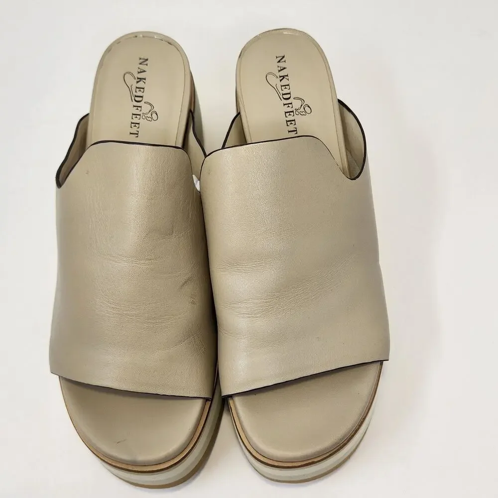Naked Feet Flow Cream Tan Leather Platform Sandals Women Size 7.5 M Wedge Slide